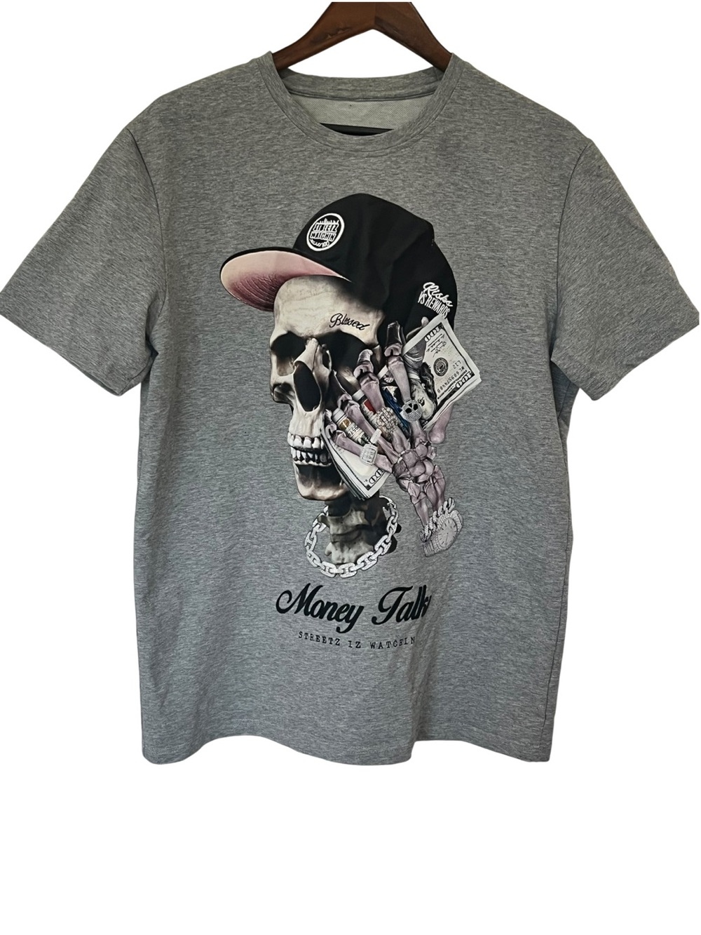Money Talks Skull Graphic T-Shirt Men’s L Gray Embroidered Raised 3D Streetwear